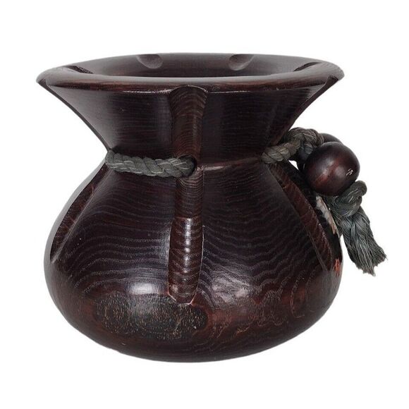 Vintage Blessing Bag Vase Solid Wood Alter Incense Offering Bowl Pot Cauldron - Picture 7 of 8